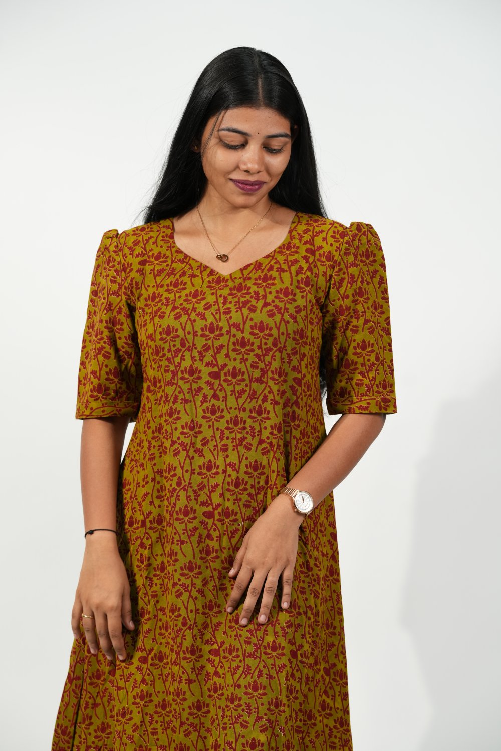 Hem-Tiered Aline Dress (Olive - Red Lotus)