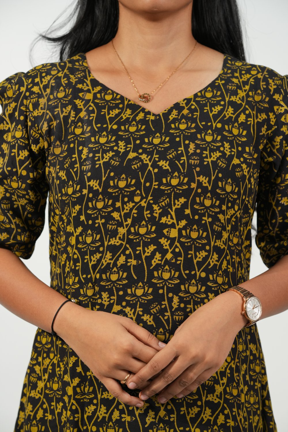 Hem-Tiered Aline Dress (Black - Golden Floral)